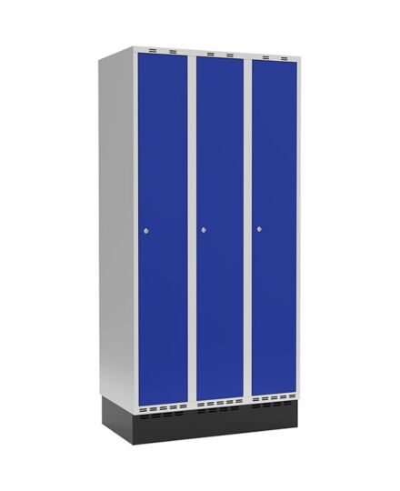 Garderobeskap 3x300mm m/rett tak, blå dør med sylinderlås og sokkel