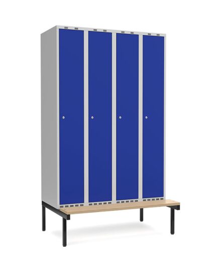 Garderobeskap 4x300mm m/rett tak, blå dør med sylinderlås og sittebenk