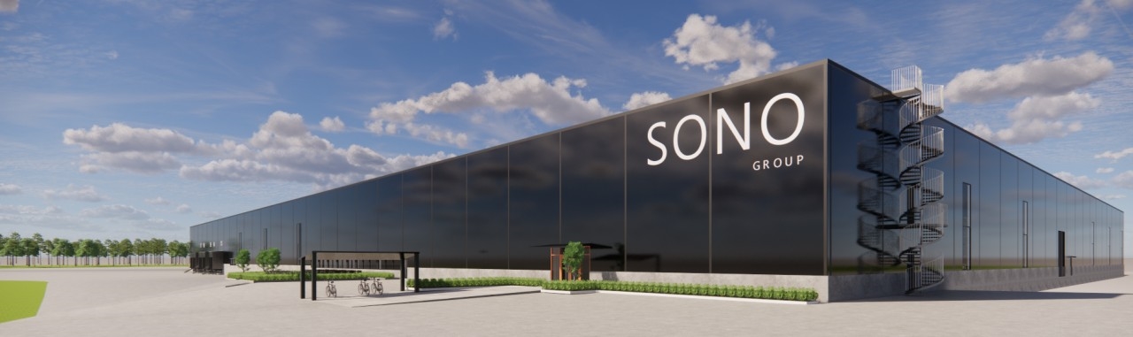 Sono lagerbygg i Tranås som er sort med stor Sono-logo.