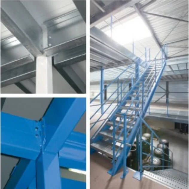 Tre bilder av stabile og robuste søyler, trapper, koblinger og bjelker fra Mezzanine Stock i stål farget i blått i dette bildet.