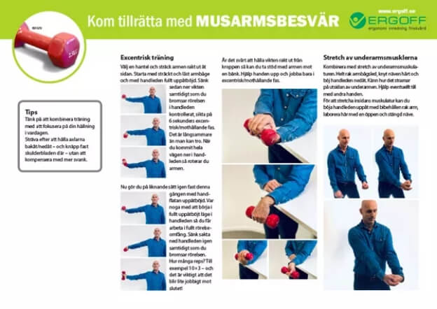 Et oversiktsbilde med tekst på svensk og illustrasjonsbilder av øvelser man kan gjøre for å forbedre problemer med musearm.