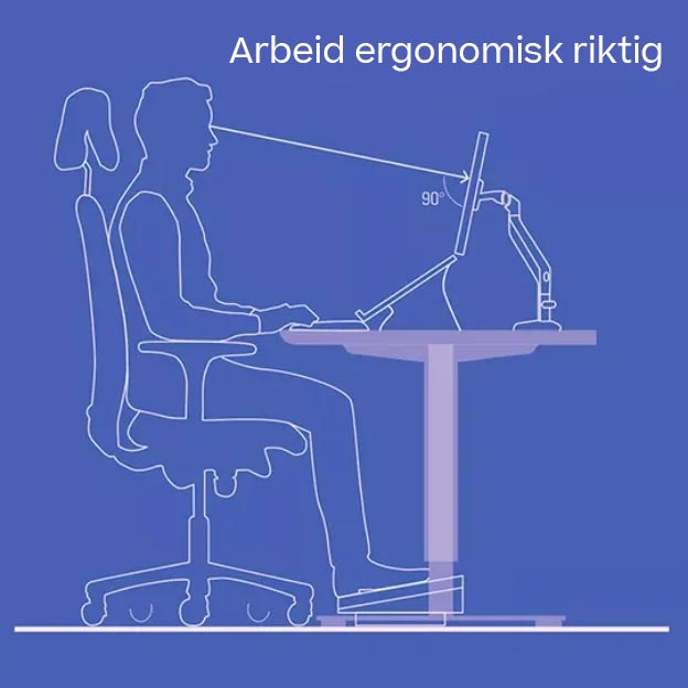 En illustrasjon av en person som sitter ergonomisk riktig og jobber, tegnet i hvitt på blå bakgrunn.